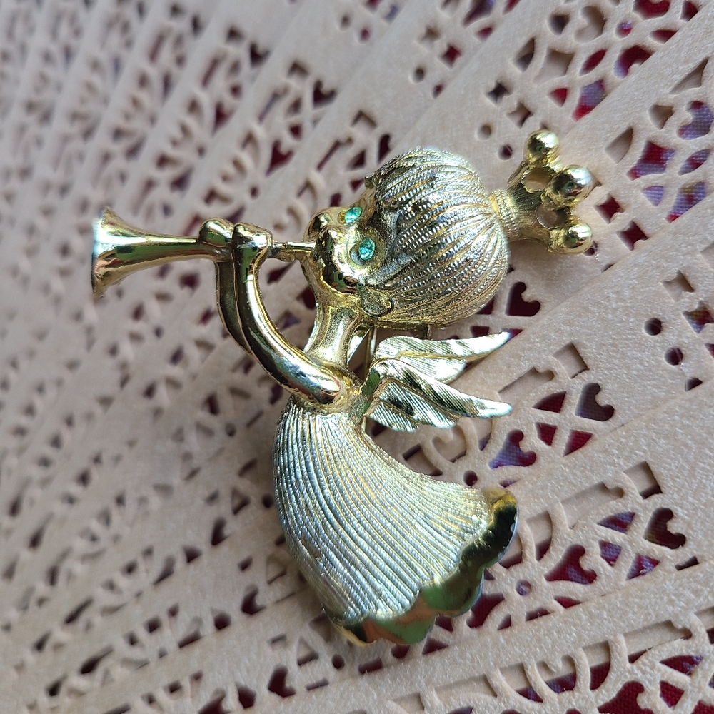 Vintage Gold Angel Brooch with Green Highlights
